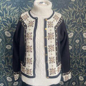 Vintage Grandma Chic Cardigan Black & White Beaded Cotton Ramie Button Up